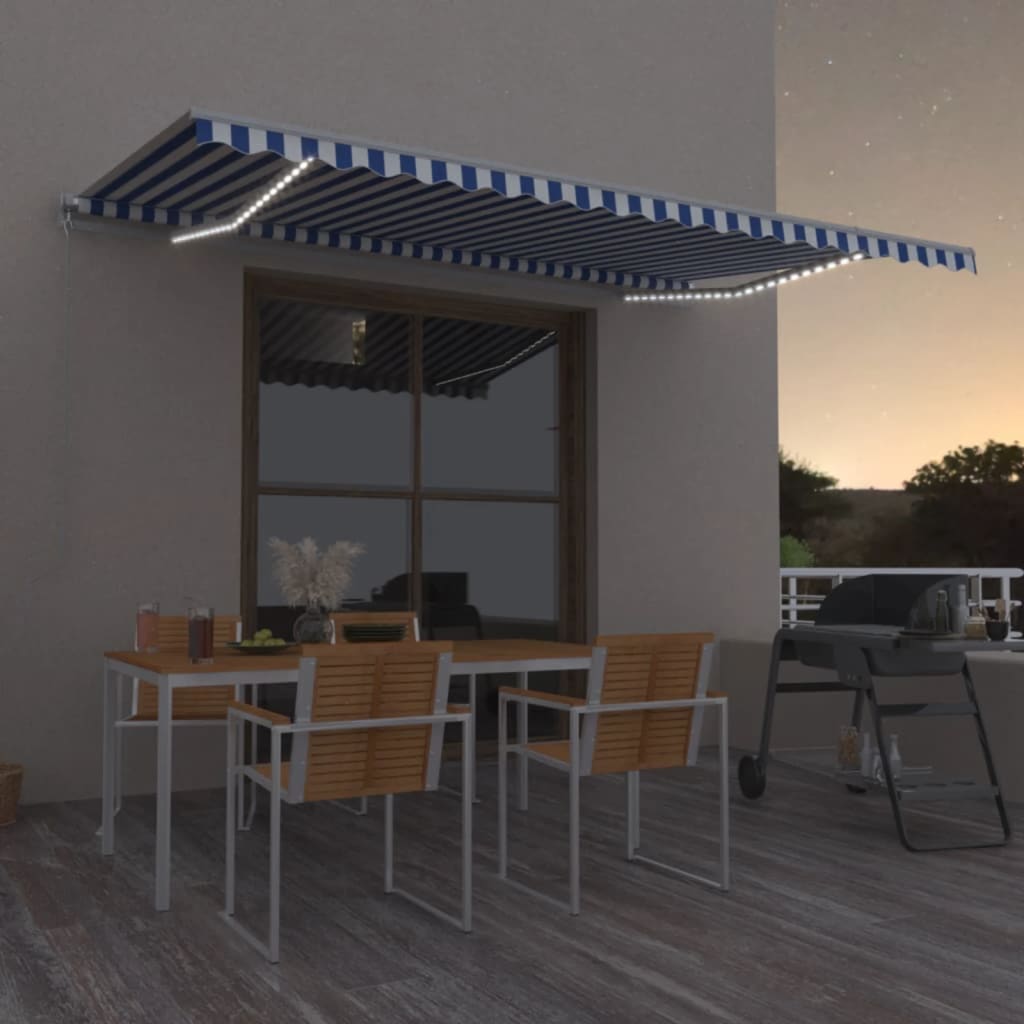 Vidaxl Luifel manuell ausziehbar mit LED 500x350 cm blau und weiß