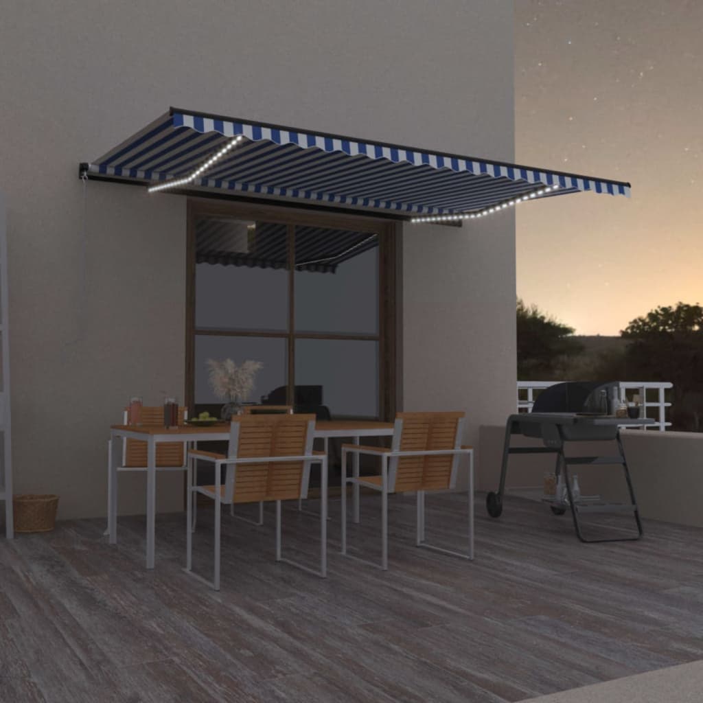 Vidaxl luifel manuell ausziehbar mit LED 500x300 cm blau und weiß