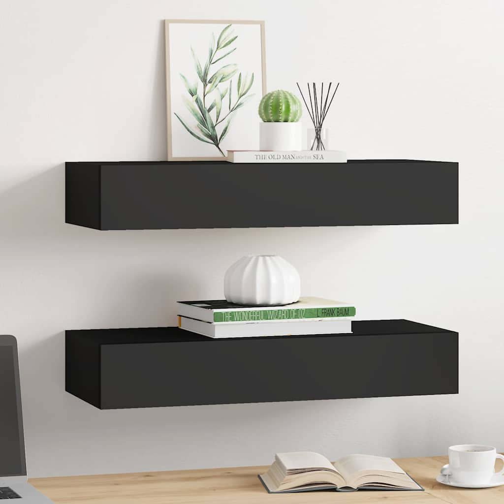 Vidaxl wandschappen 2 st met lade 60x23,5x10 cm mdf zwart