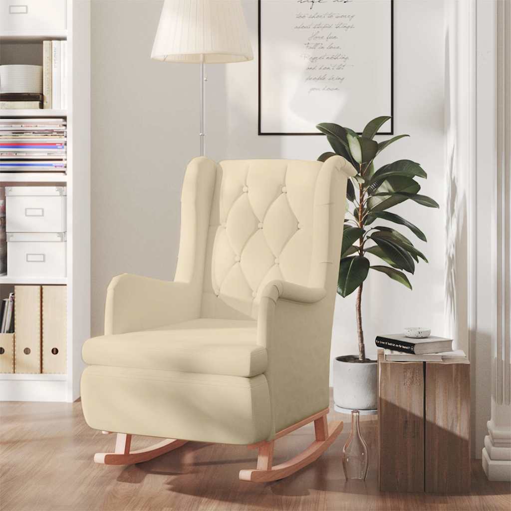 Vidaxl fauteuil met massief rubberwood schommelpoten stof crèmekleurig