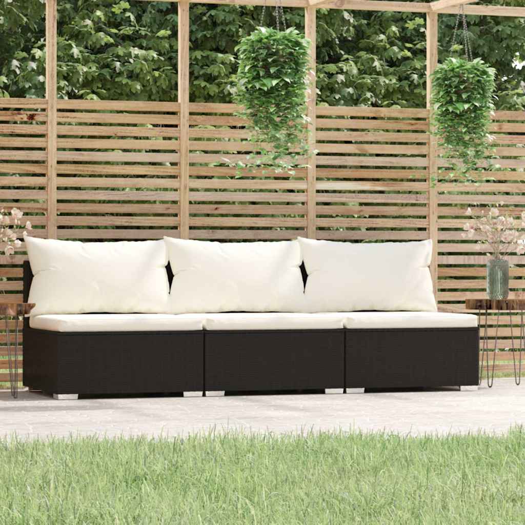 Vidaxl driezitsbank met kussens poly rattan zwart