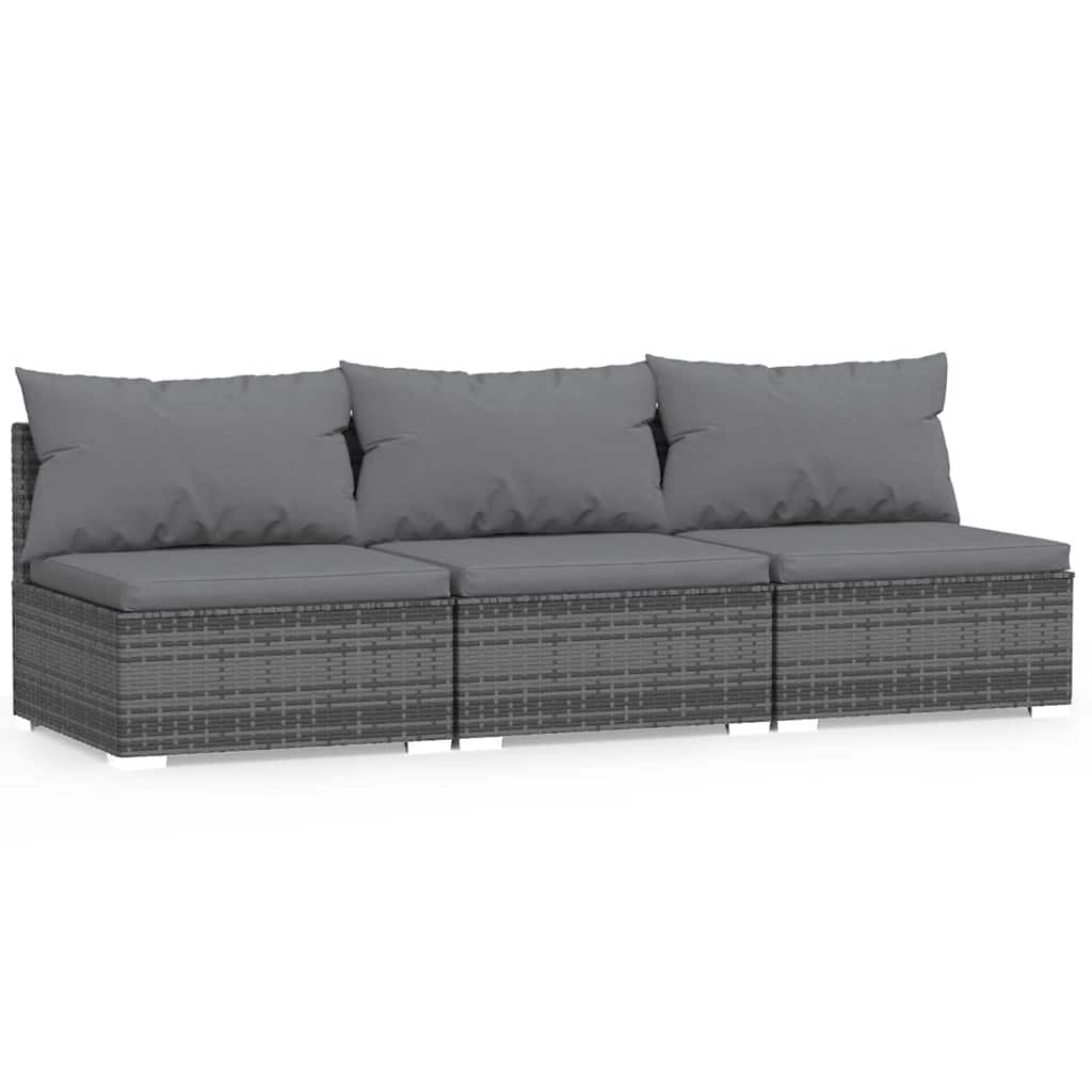 Vidaxl driezitsbank met kussens poly rattan grijs