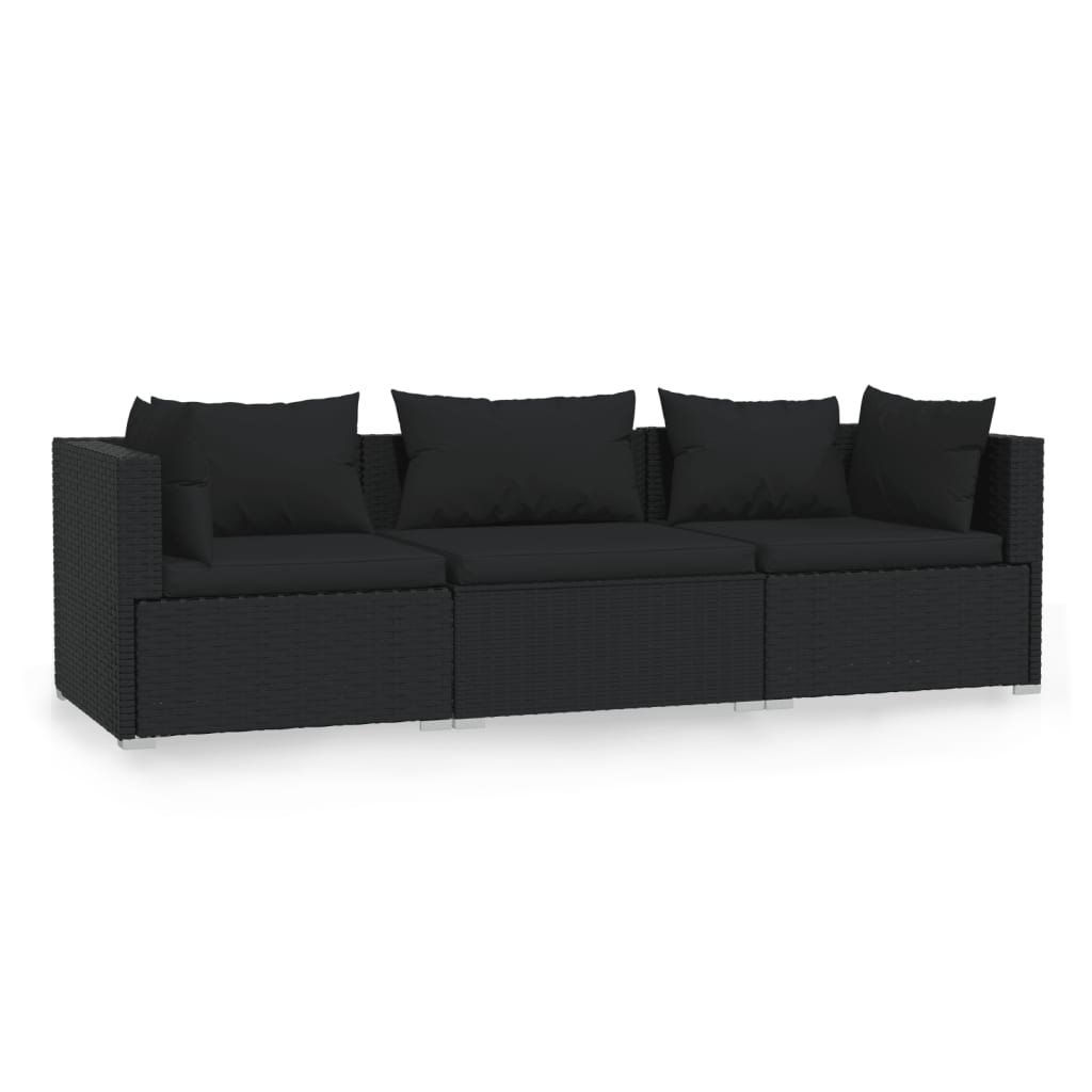 Vidaxl driezitsbank met kussens poly rattan zwart
