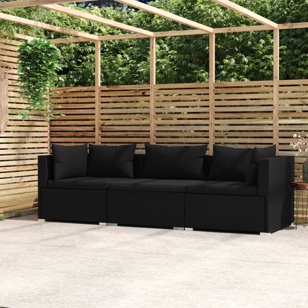 Vidaxl driezitsbank met kussens poly rattan zwart