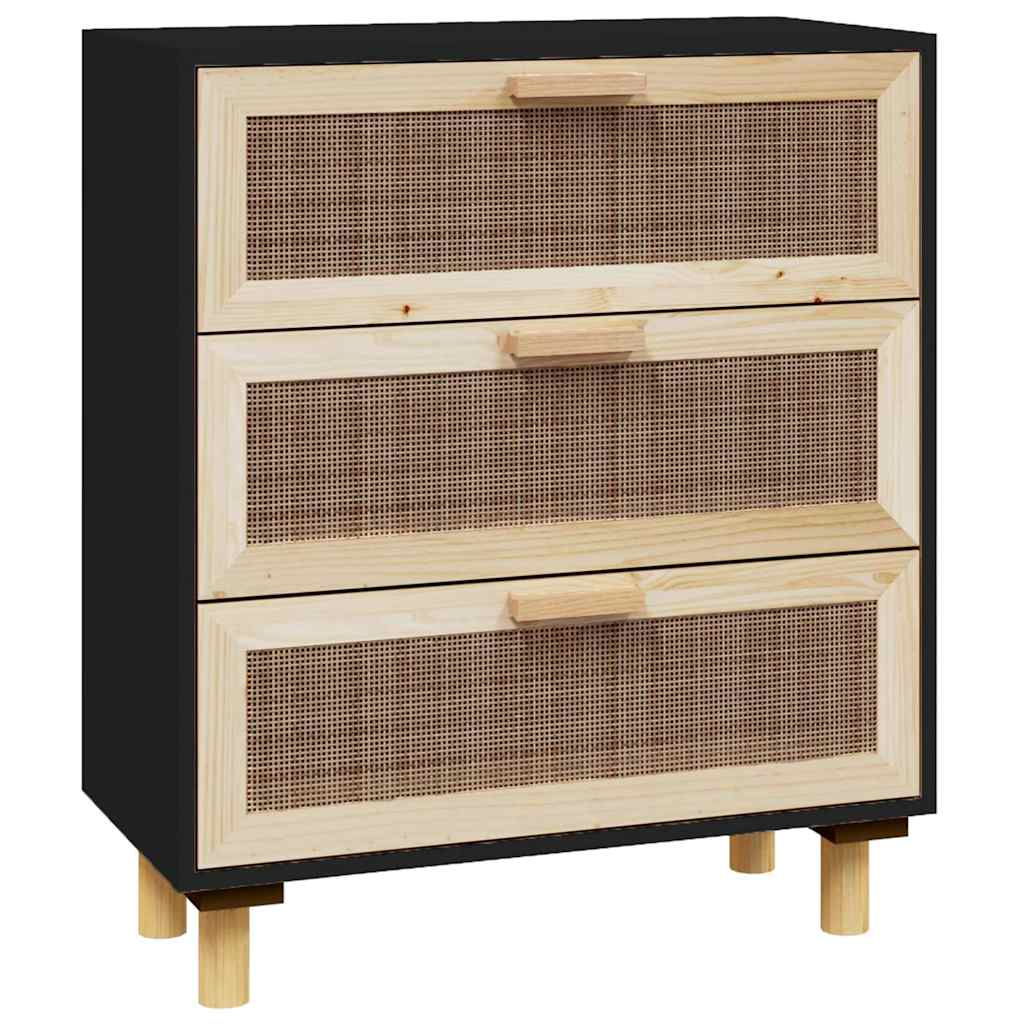 Vidaxl dressoir 60x30x70 cm massief grenen hout en rattan zwart