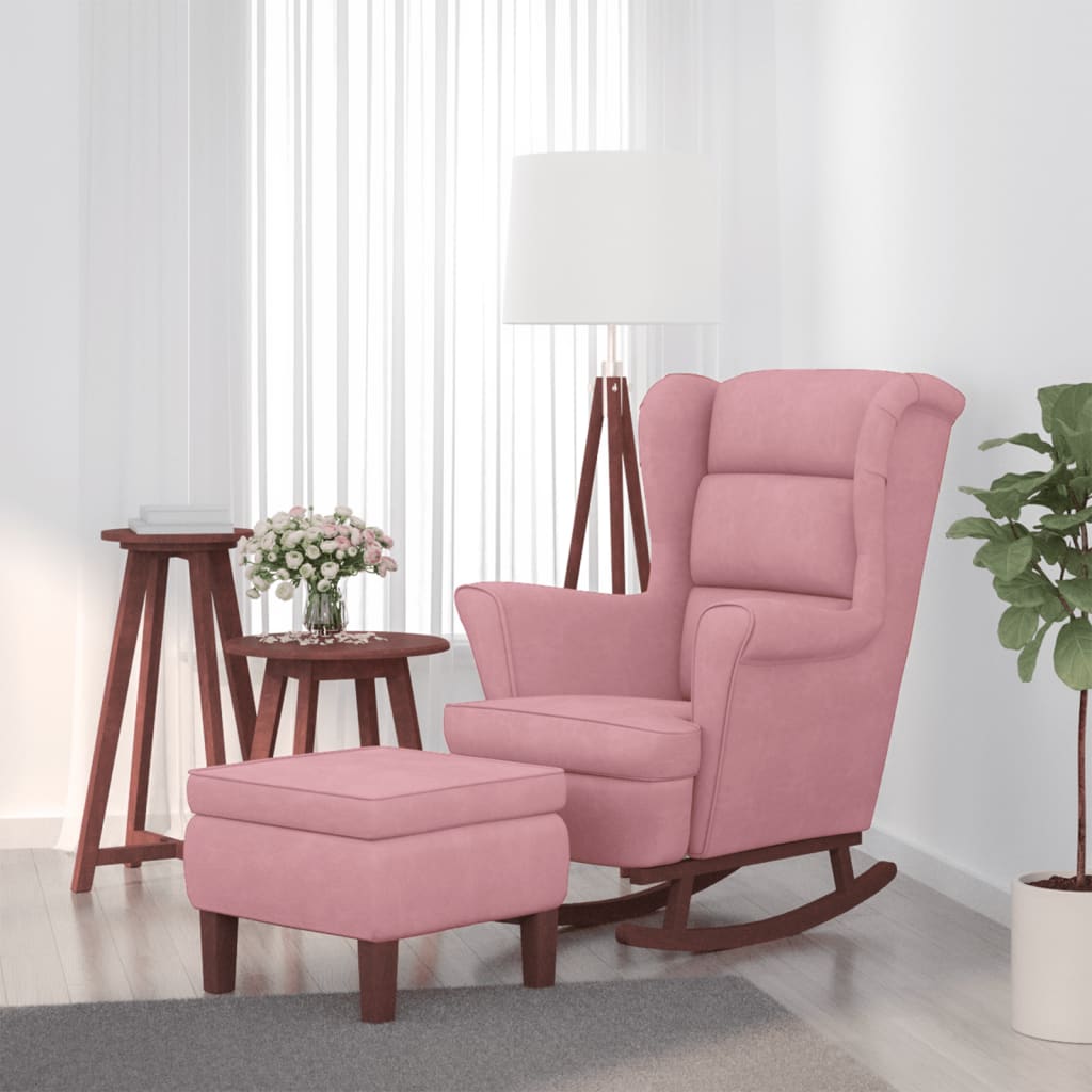 Vidaxl schommelstoel met oorleuning roze fluweel massief hout