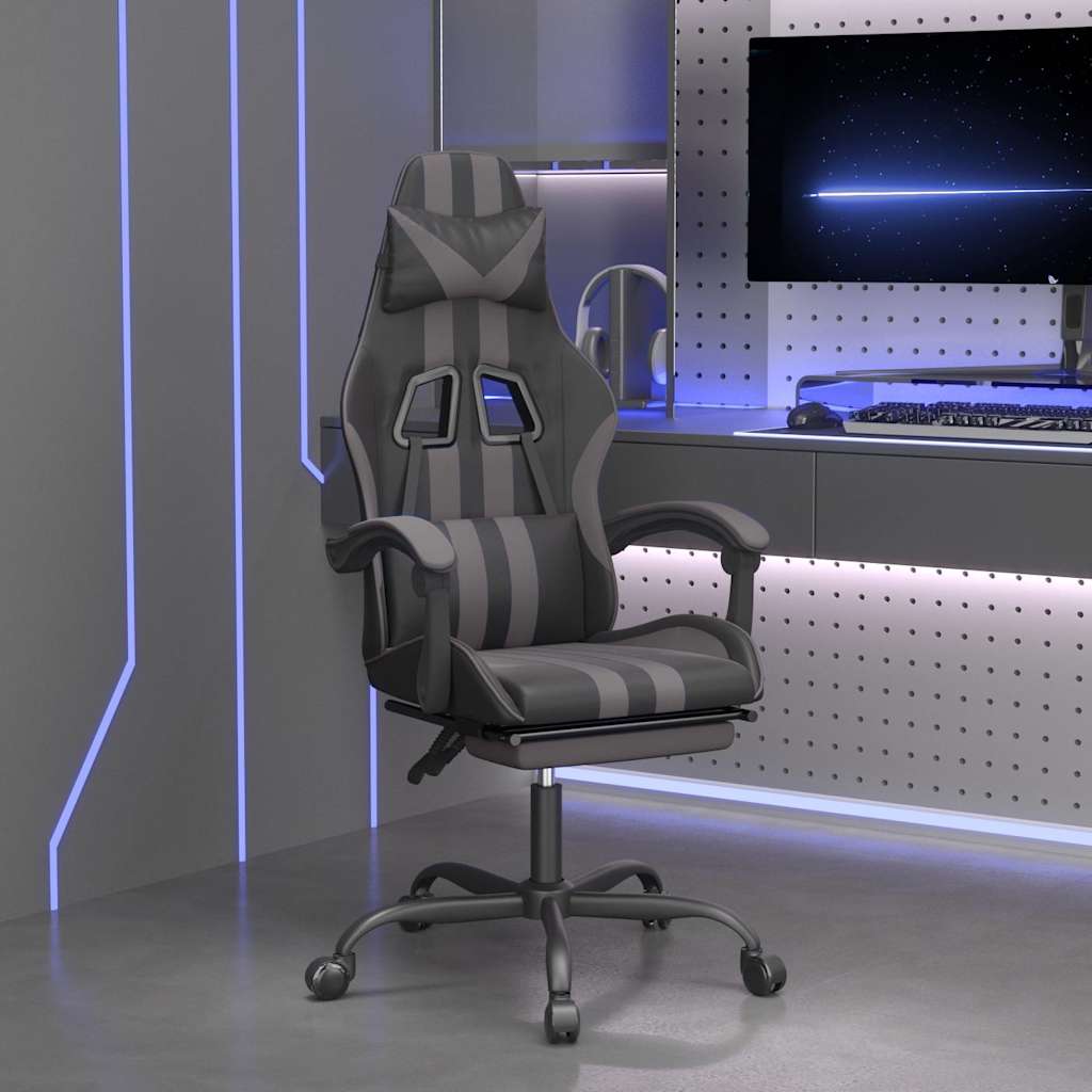 Vidaxl gamestoel draaibaar met voetensteun kunstleer zwart en grijs