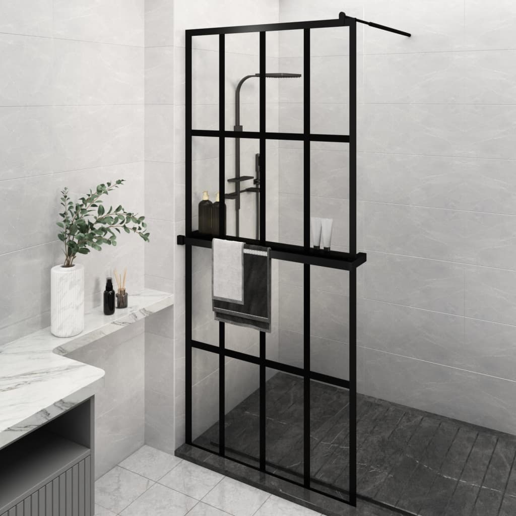 VidaXL Walk-in Duschabtrennung mit Ablage 90x195 cm ESG Glas Aluminium schwarz