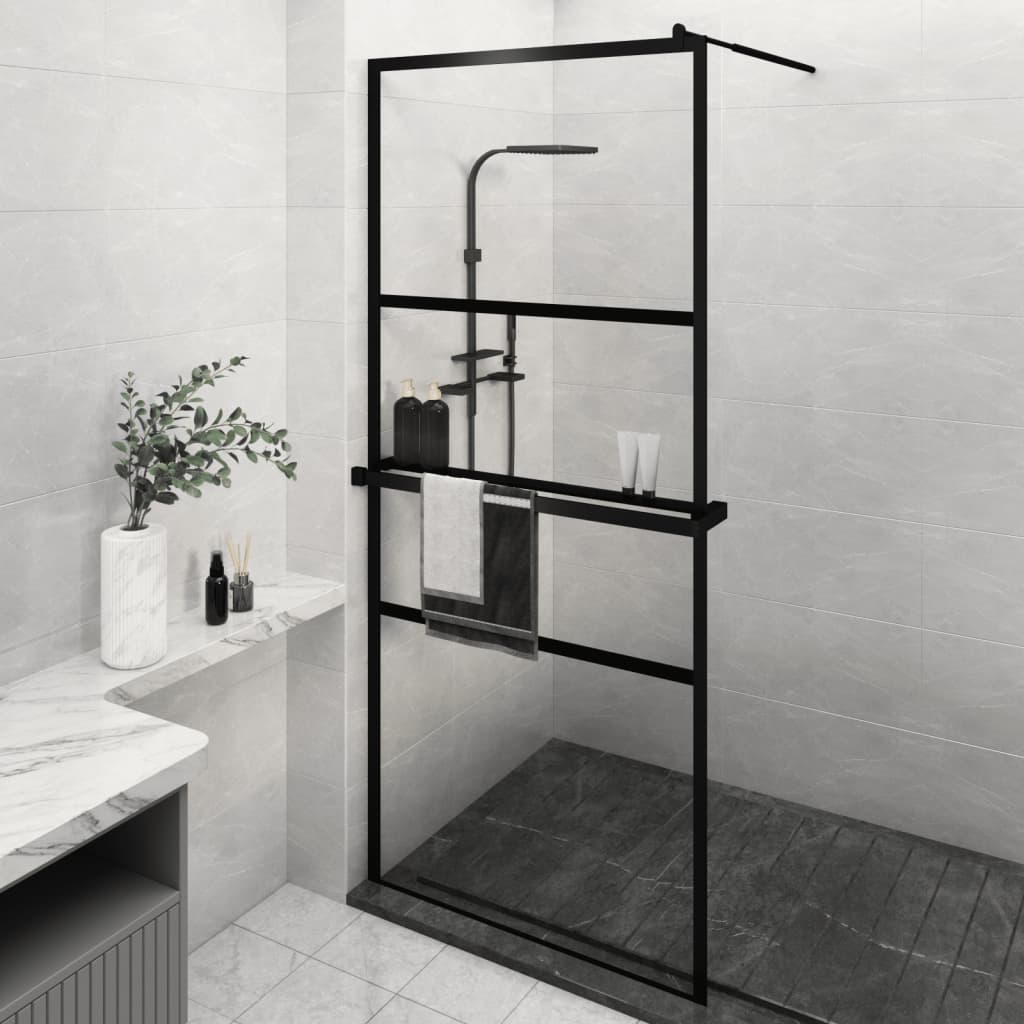 VidaXL Walk-in Duschabtrennung mit Ablage 90x195 cm ESG Glas Aluminium schwarz