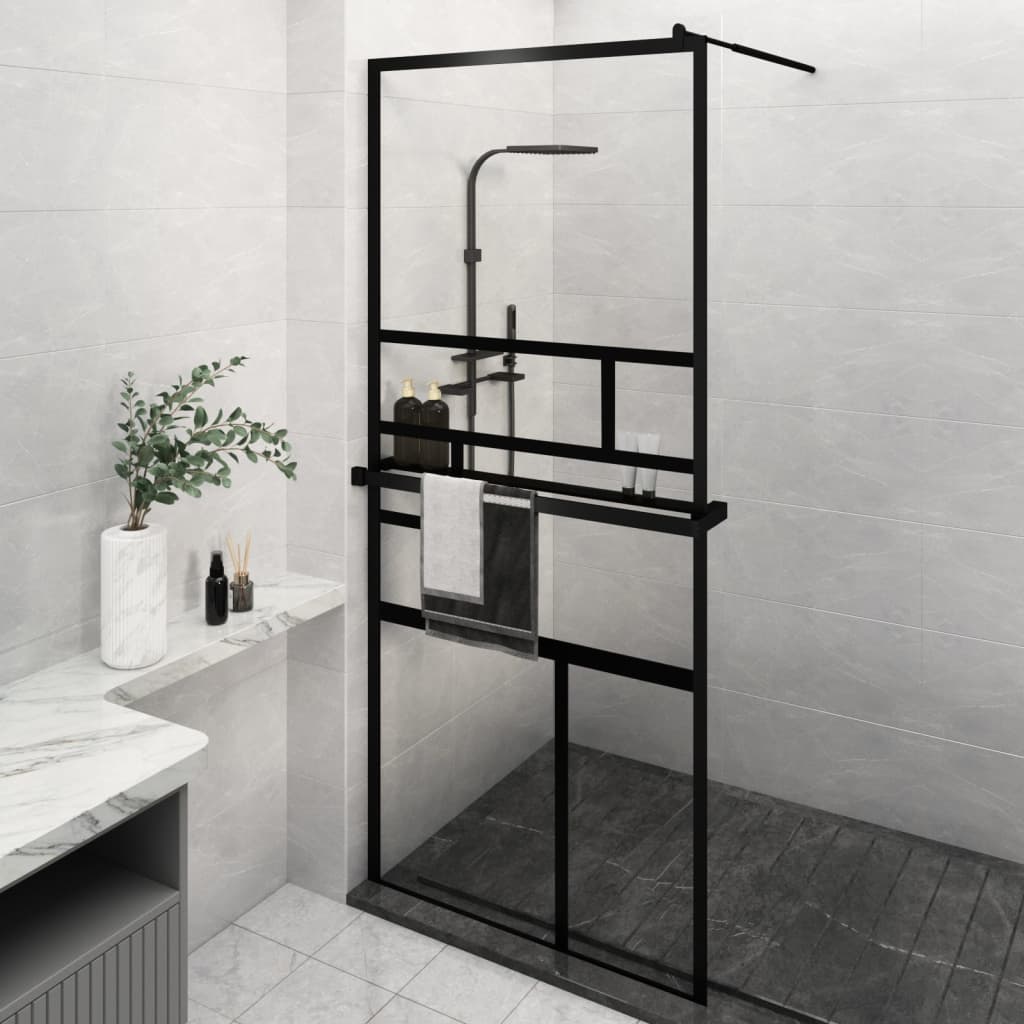 VidaXL Walk-in Duschabtrennung mit Ablage 100x195 cm ESG Glas Aluminium schwarz