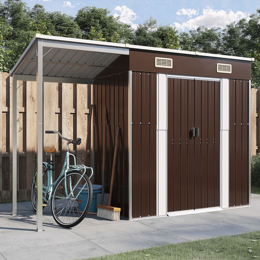 VidaXL Gartenhaus mit verlängertem Dach 277 x 110,5 x 181 cm, brauner Stahl