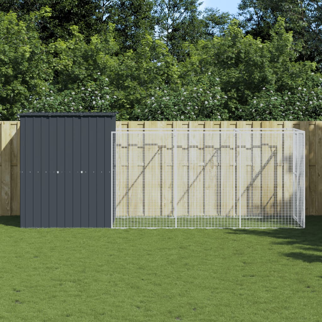 VidaXL Hundehütte mit Auslauf 165 x 455 x 181 cm, verzinkter Stahl, Anthrazit