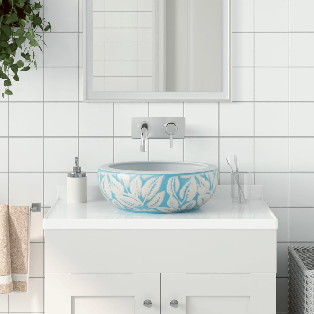 VidaXL Aufsatzwaschbecken rund Φ41x14 cm aus Keramik weiß und blau