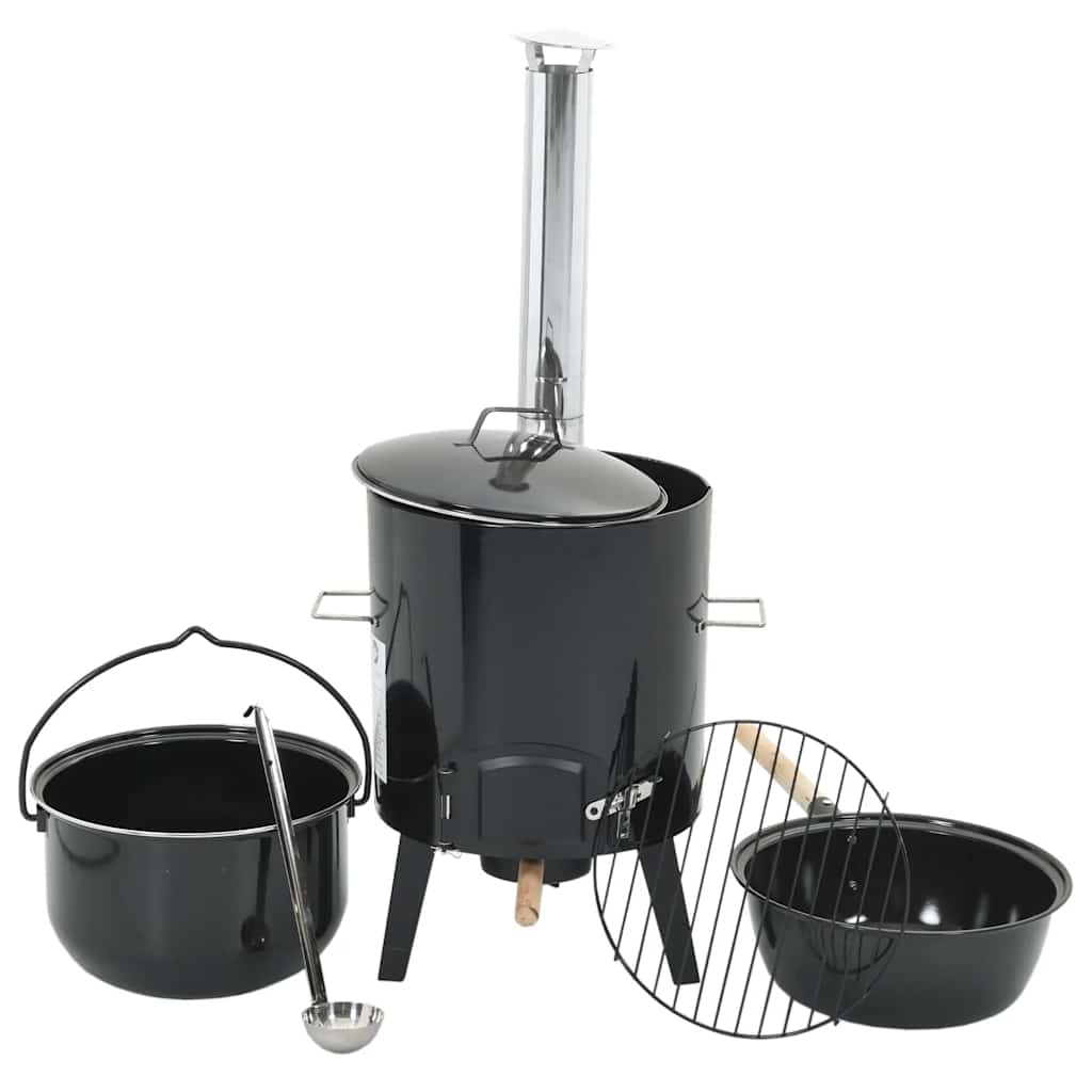 Vidaxl Gulaschkanone mit Kamin und Deckel aus emailliertem Stahl schwarz