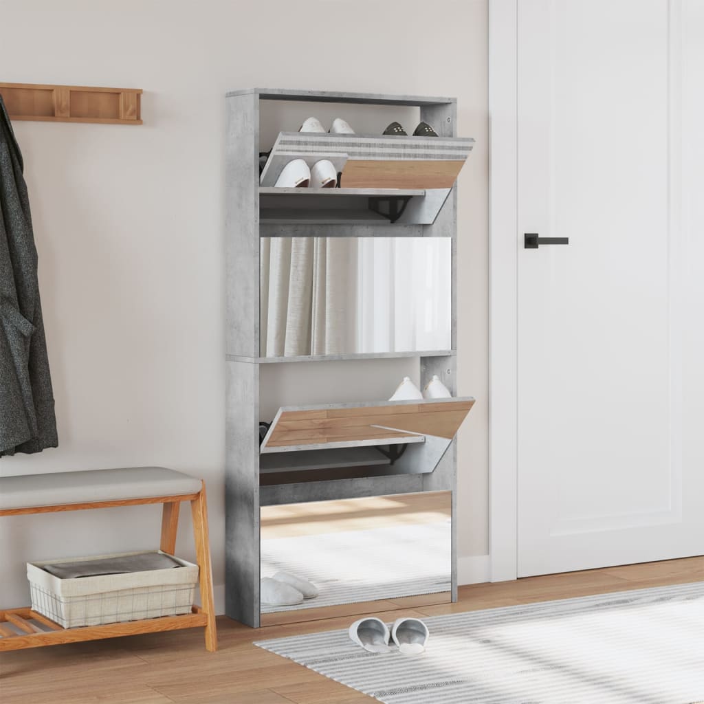 VidaXL Schuhschrank mit Spiegel 4-stöckig 63x17x134 cm Betongrau
