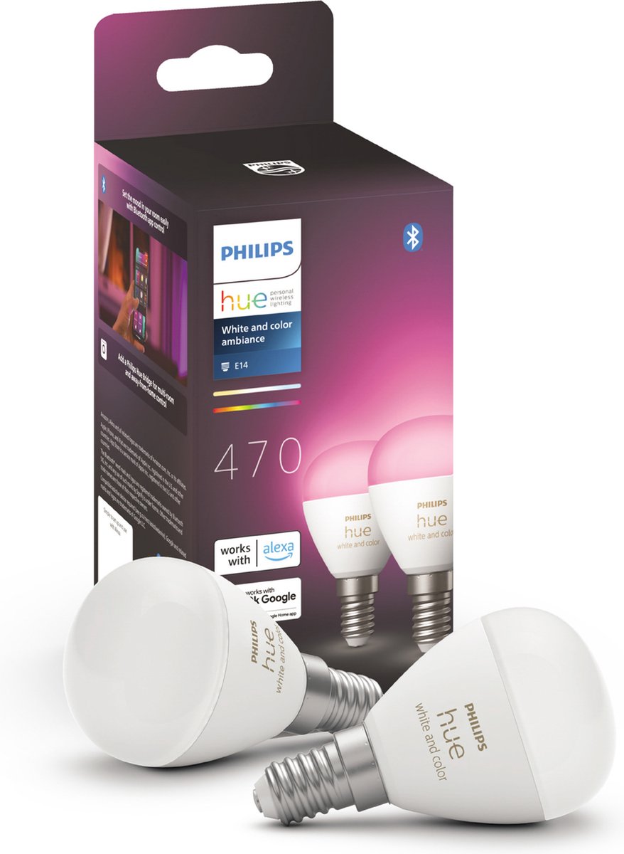 Philips hue kogellamp - wit en gekleurd licht - 2-pack - e14