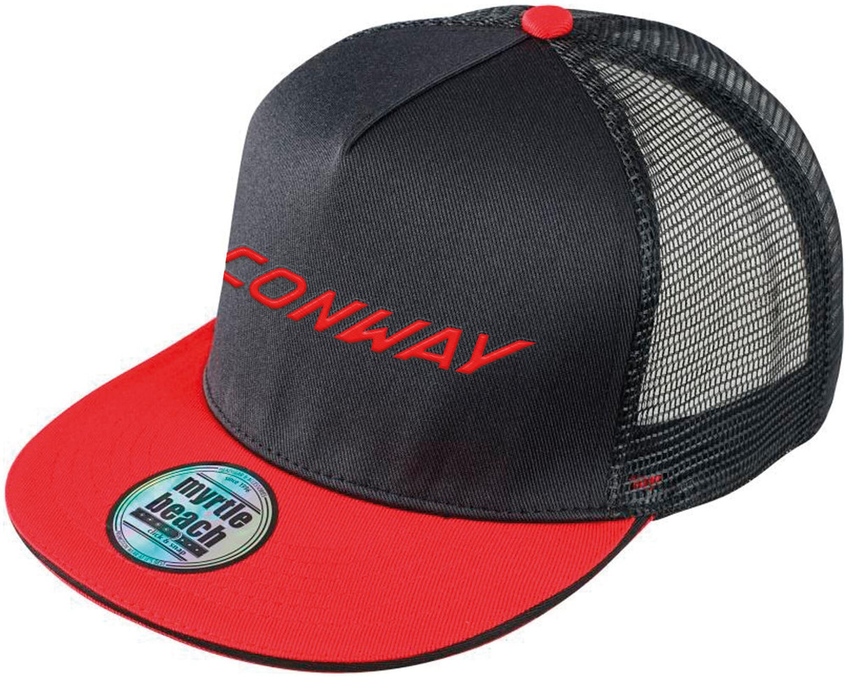 Conway Schiebermütze mit Logo, Kappe mit Logo, schwarz-rotes Netz