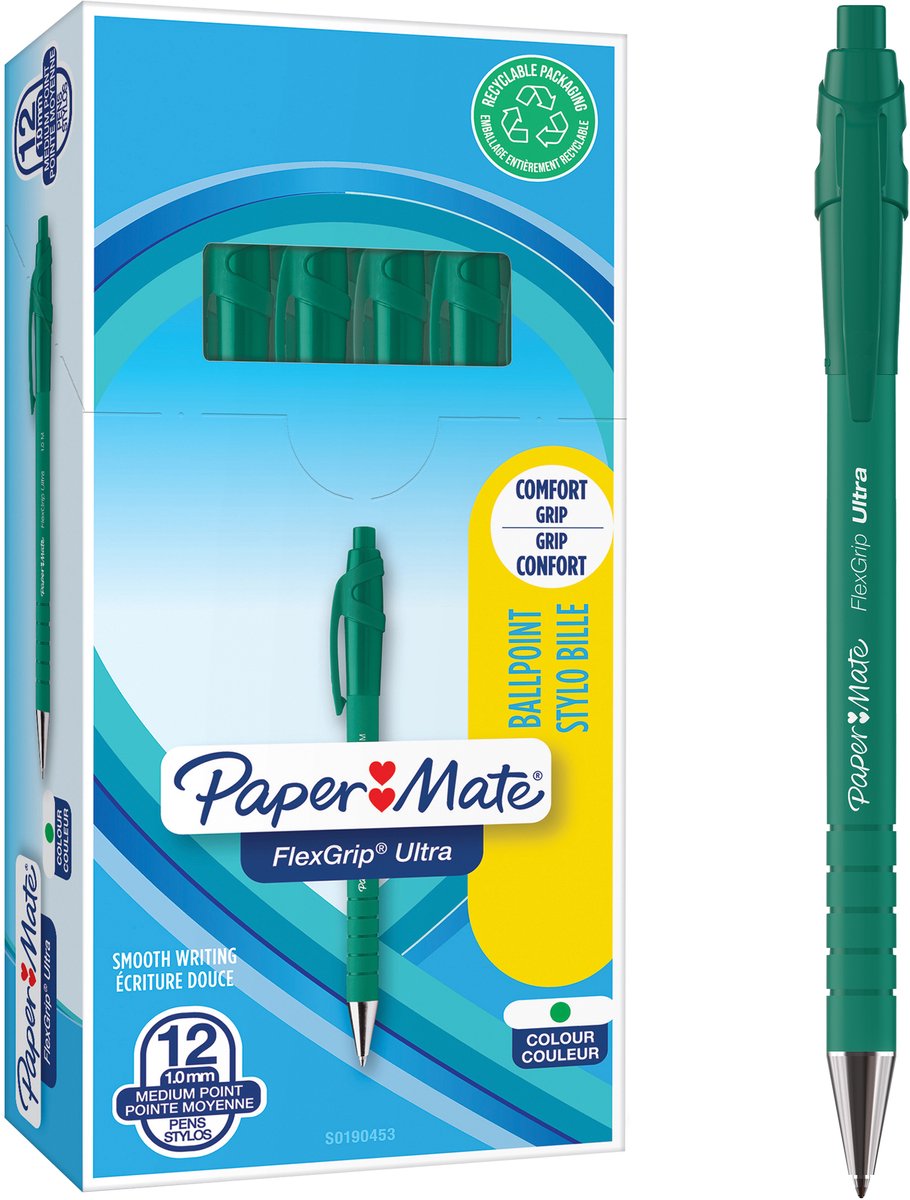 Paper Mate FlexGrip Ultra Druckkugelschreiber | mittlere Spitze (1,0 mm) | grün | 12 Stück