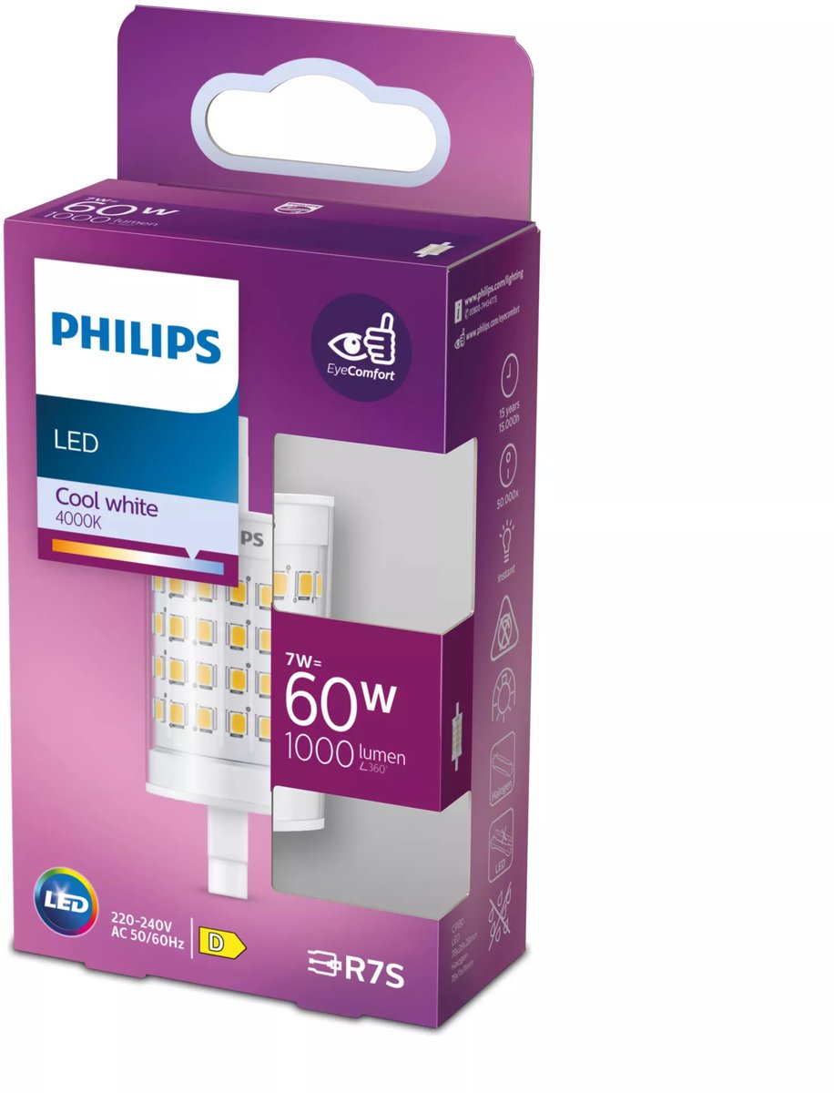 Philips led staaflamp transparant - 60 w - r7s - koelwit licht