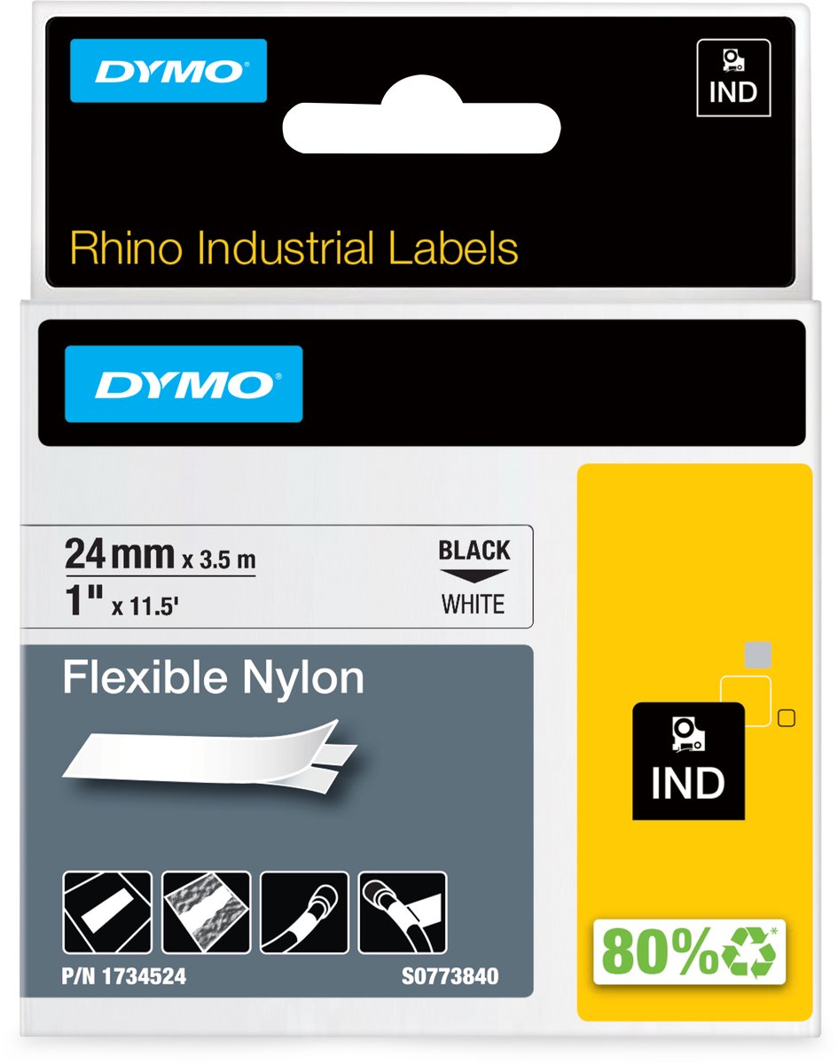Industrielle flexible Nylonetiketten von Dymo Rhino | 24 mm x 3,5 m | schwarzer Druck auf weiß | Selbstklebende Etiketten für Rhino Label Manager-Etikettendrucker
