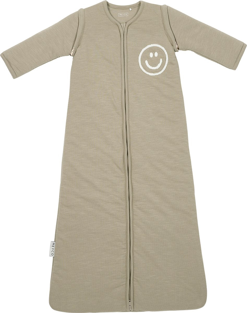 Meyco Baby Slub mit Smile-Applikation, Babyschlafsack mit abzippbaren Ärmeln – Taupe, gebrochenes Weiß – 70 cm – 2,5 Tog