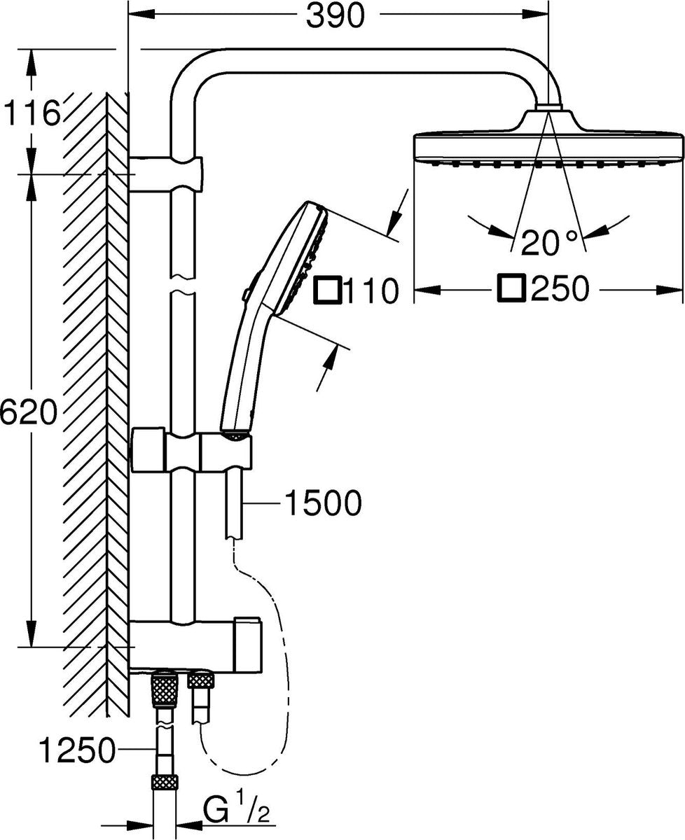 Grohe Vitalio Comfort 250 Flex Duschsystem mit Einbaumöglichkeit für die Wandmontage – ohne Thermostaat – wassersparend – mattschwarz
