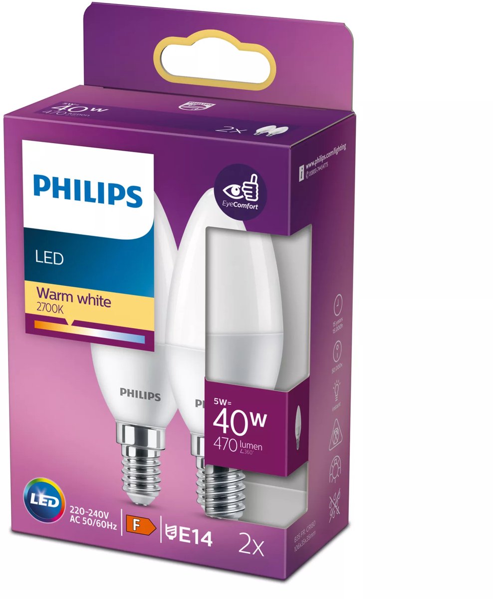 Philips led energiezuinige kaars mat - 40 w - e14 - warmwit licht - 2 stuks - bespaar op energiekosten