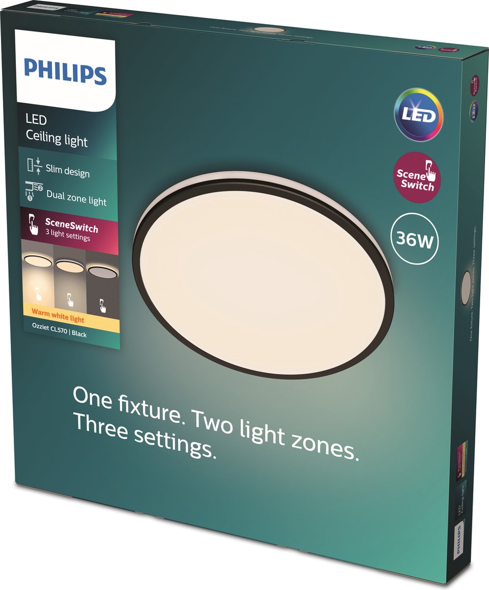 Philips led philips ozziet plafondlamp - rond - zwart - 36w 27k