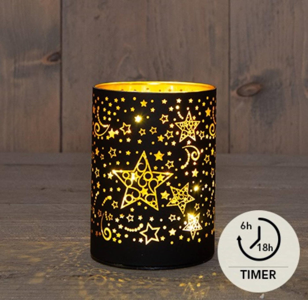 Anna's collection tafellamp led cylinder met sterren glas zwart ø 9x12cm werkt op 3xaa batterijen met timer
