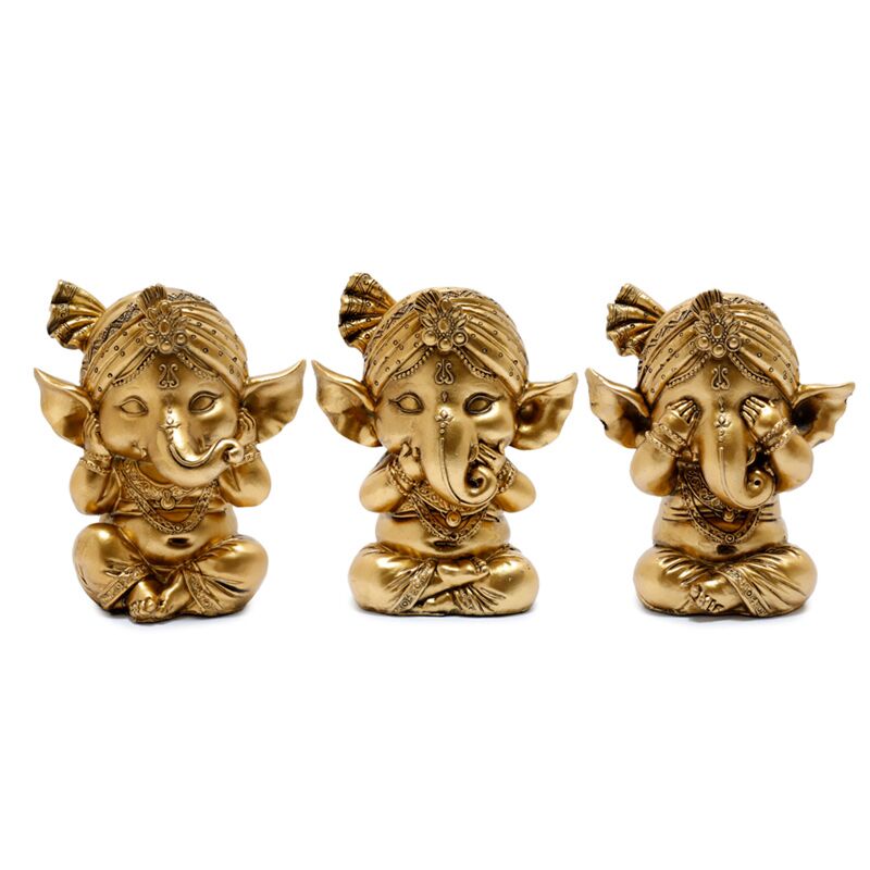 Set mit 3 goldenen Ganesh-Hören, Sprechen, Sehen, nichts Böses