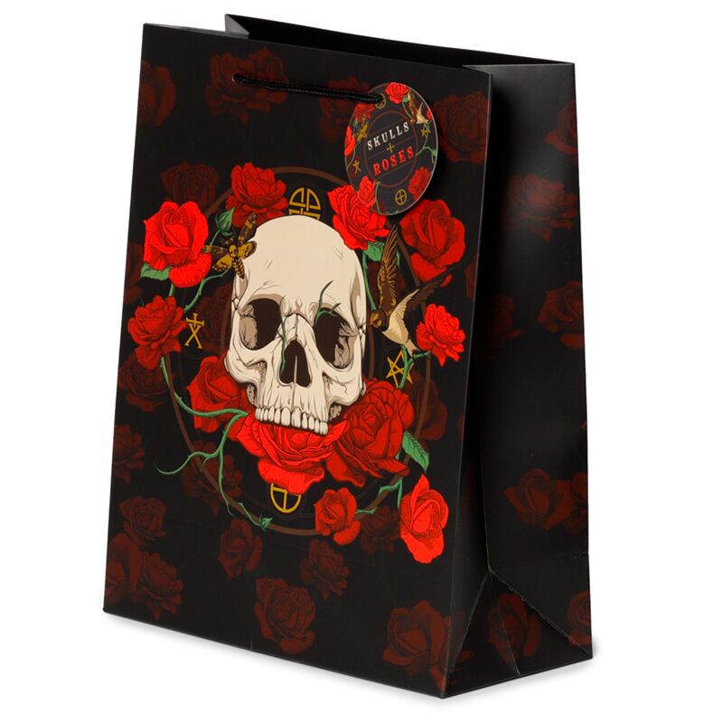 Totenkopf und Rosen, rote Rosen – Geschenktüte groß