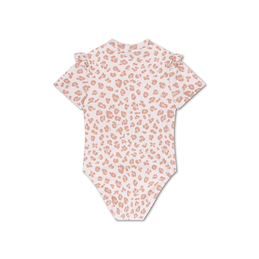 Leopard | Beigefarbener UV-Badeanzug für Mädchen mit kurzen Ärmeln