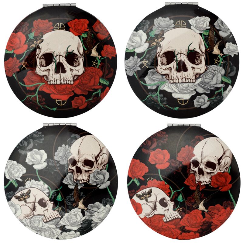 Kompakter Schminkspiegel mit Totenkopf und Rosen