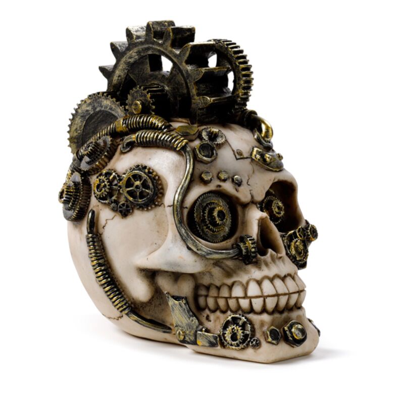 Wohnaccessoire im Steampunk-Stil mit Totenkopf mit Zahnrädern und Federn
