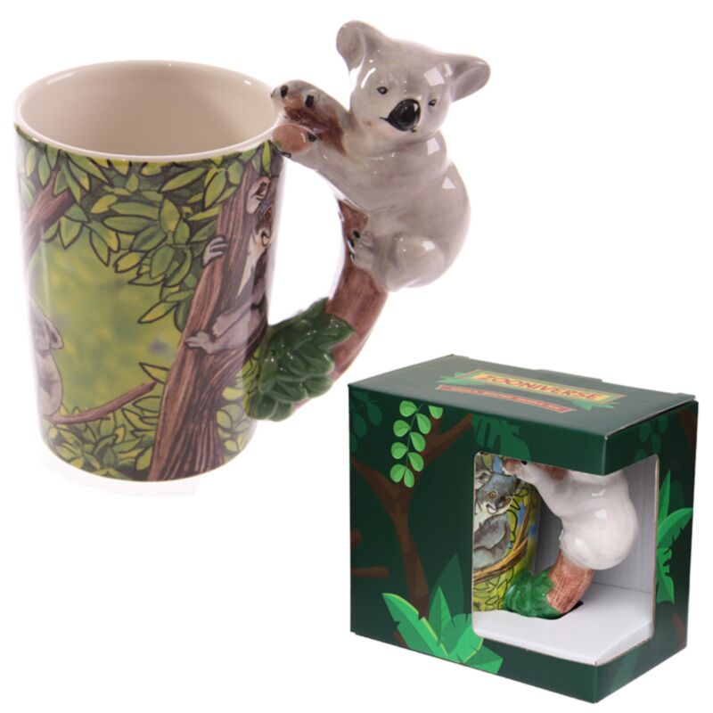 Weißer Keramikbecher mit koalaförmigem Henkel