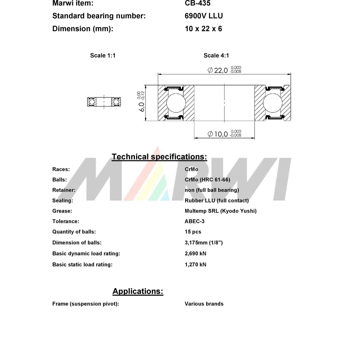 Marwi Union Kugellager max CB-435 6900V LLU 10x22x6