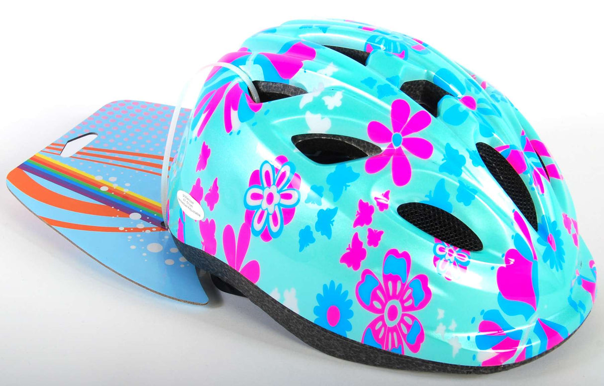Volare Kinderfahrradhelm – XS – blaue rosa Blumen – 47–51 cm – extra kleines Modell