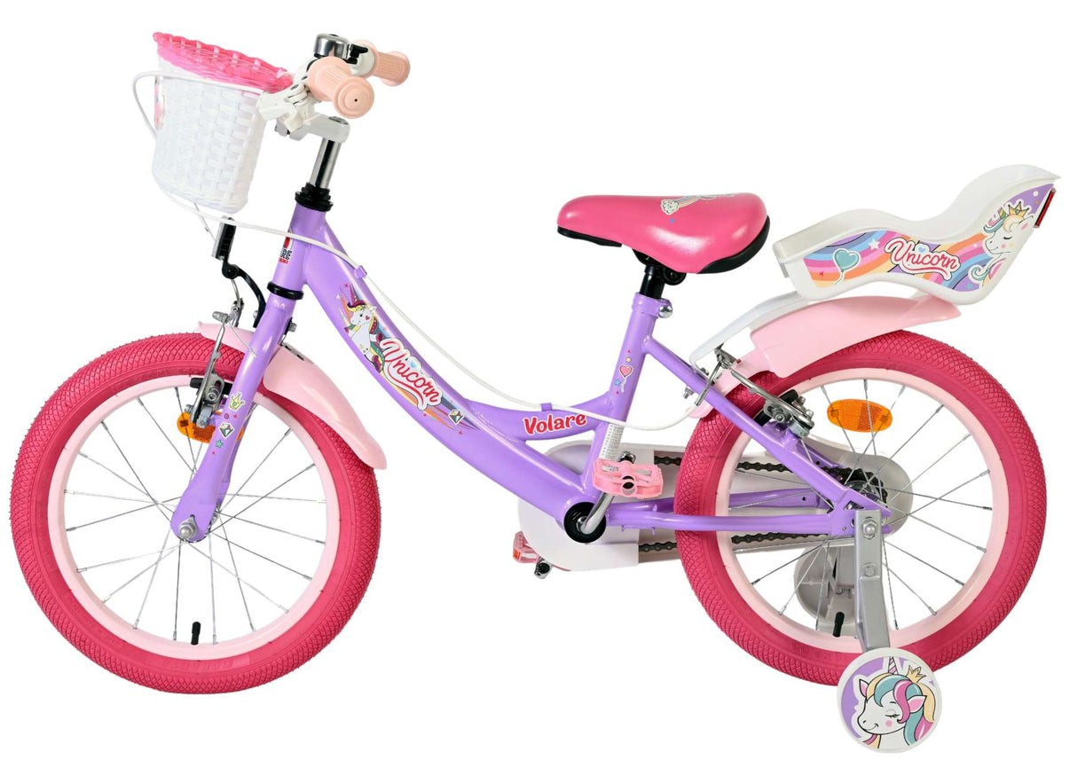 Volare Einhorn Kinderfahrrad – Mädchen – 16 Zoll – Lila – zwei Handbremsen
