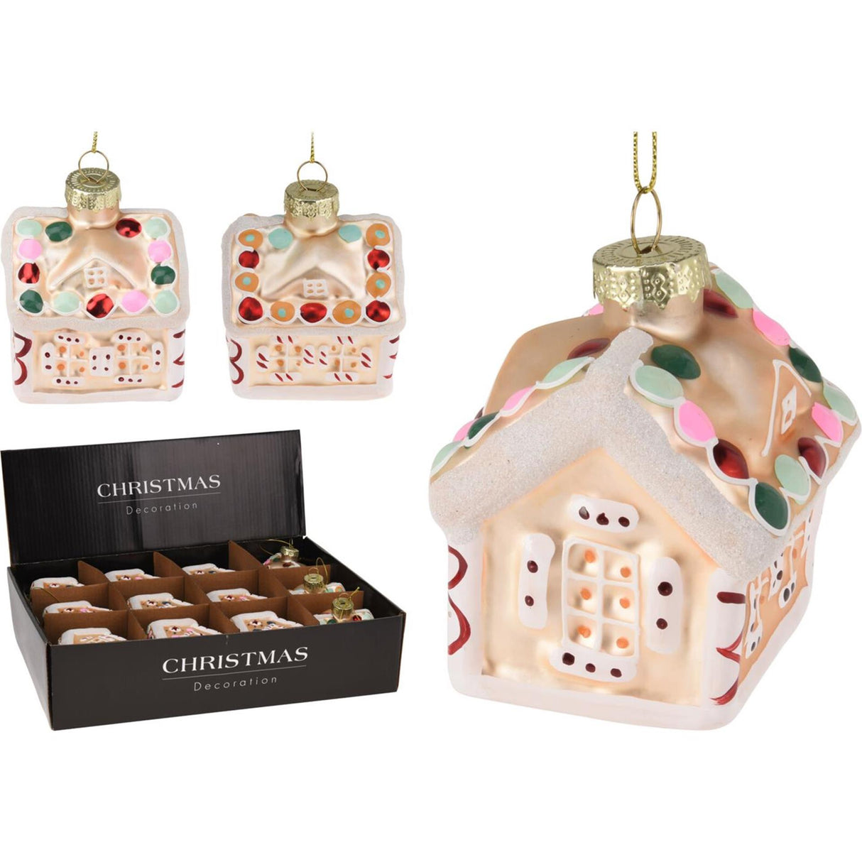 Kersthanger huisje champagne goud glas 8cm 2 assorti display a 12 stuks