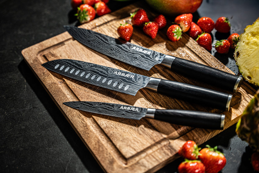 Arbaer-Messerset, 3-teilig, japanischer Damaskus-Druck, Pakka-Holzgriff