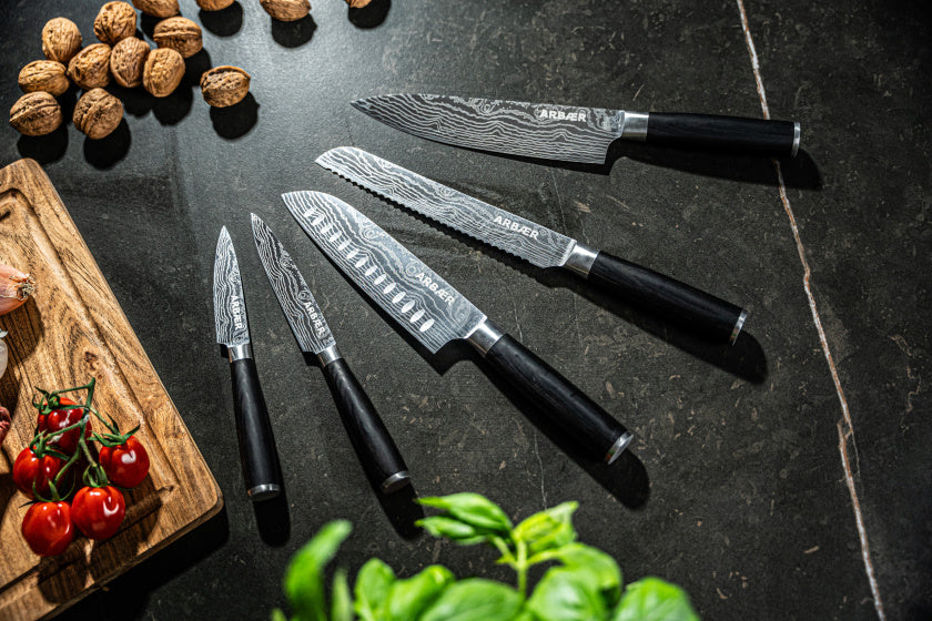 Arbaer-Messerset, 5-teilig, japanischer Damaskus-Druck, Pakka-Holzgriff