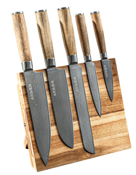 Arbaer-Messerset mit Magnetblock, 6-teiliger Damaststahl, Griffe aus Olivenholz
