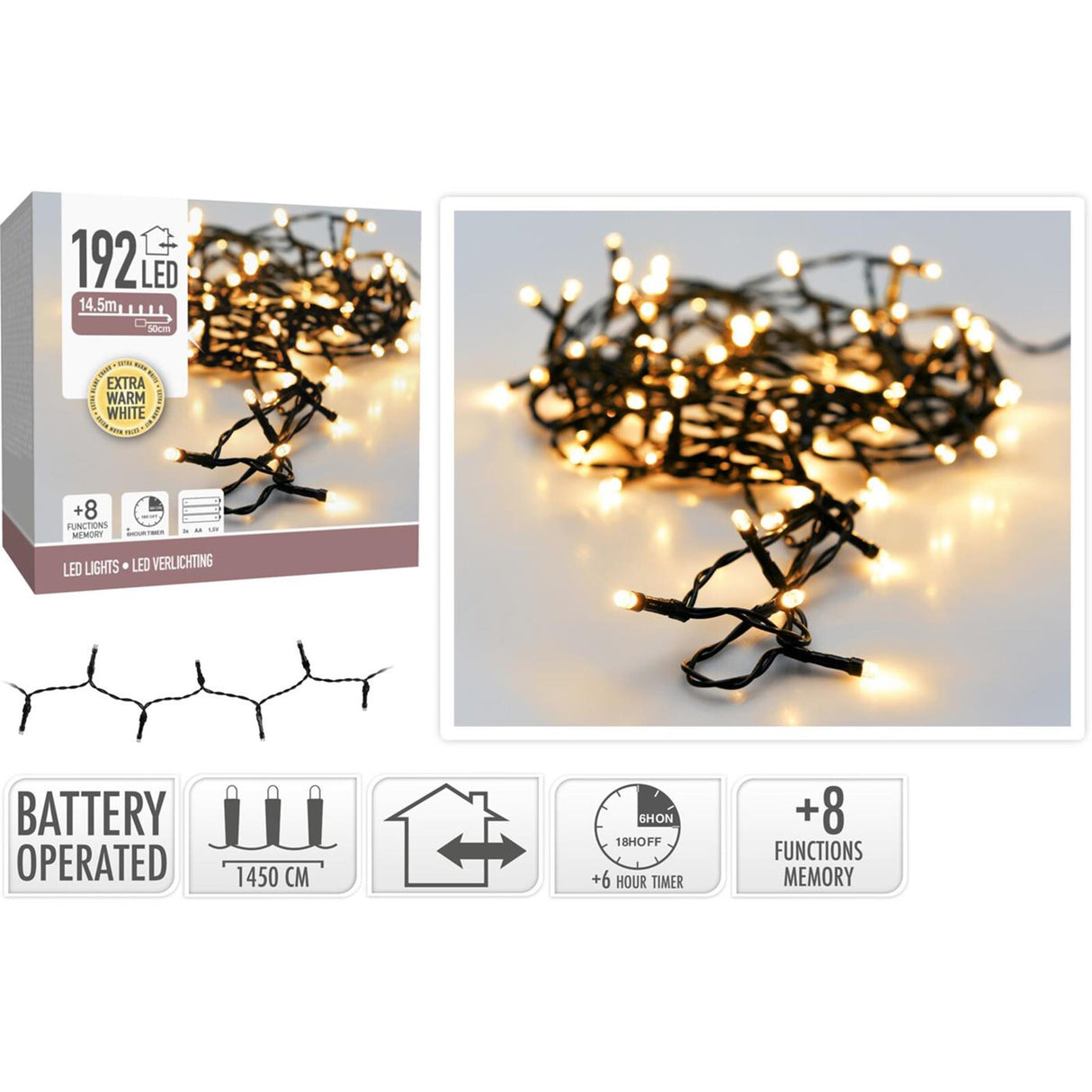 Weihnachtsbeleuchtung 192LED Batterie weiß