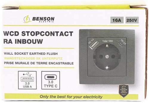 Enzo benson inbouw stopcontact ra + usb en usb-c zwart - 4650032