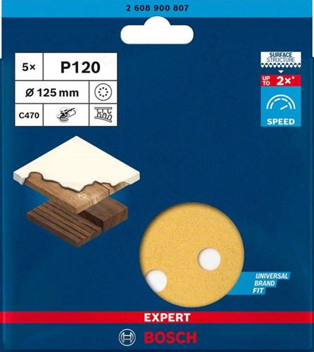 Bosch Zubehör Expert C470 Schleifpapier für Exzenterschleifer 125 mm, 8 Löcher, K120 5-teilig – 2608900807
