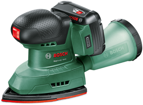 Bosch grüner Akku-Multischleifer EasySander 18V-8 | inkl. 1-Stunden-Ladegerät (bereits 18 V-20) + 1 x 2,0 Ah-Akku + 3 Schleifblätter (rotes Holz) – 06033e3002