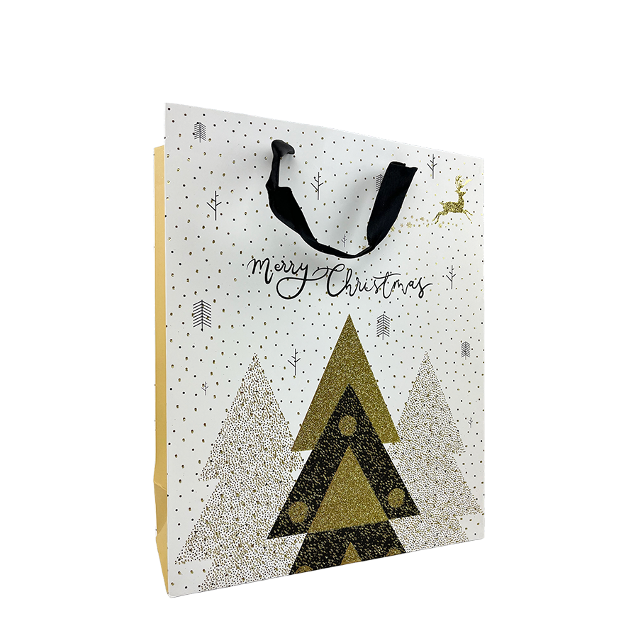 Cadeautas large wit glitter merry christmas kerstboom 32x26x10cm