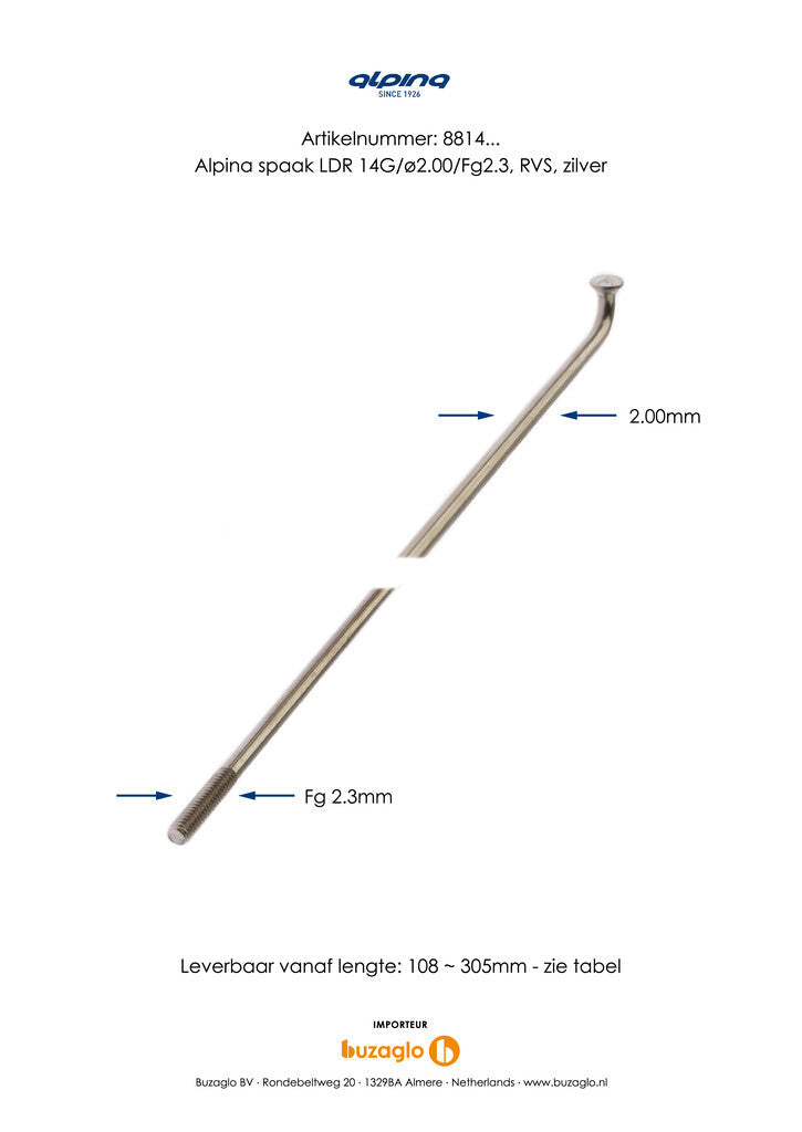 Buzaglo Speichen 286-14 Alpina ø2,00 mm FG 2,3 Edelstahl – Silber (144 Stück) 1