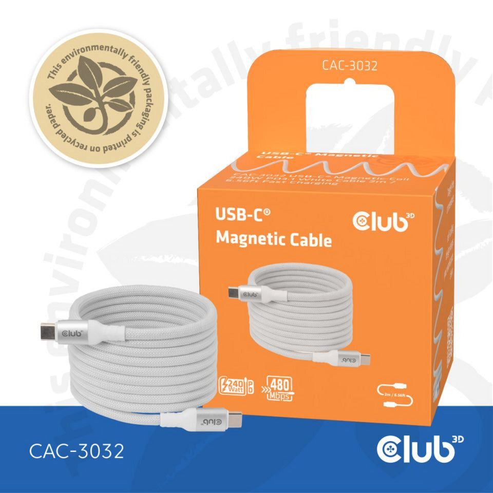 Club 3D USB-C Magnetspule 240 W PD3.1 weißes Kabel, 2 Meter Kabel (weiß)