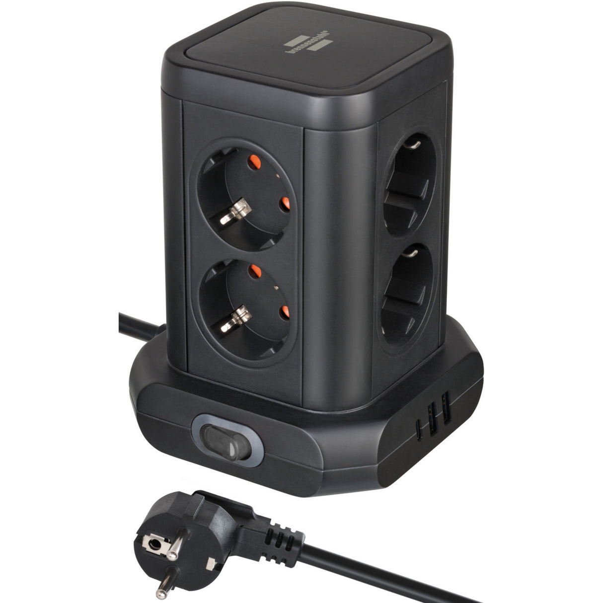 Brennerstuhl Steckdosenleisten-Tower mit 8 Steckdosenleisten in 45°-Anordnung Steckdosenleiste (Schwarz, 2x USB-A, 1x USB-C Stromlieferung)
